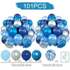 A kit of 101 balloons including 20 silver and 20 blue balloons, and 20 metallic pearl balloons, for party decor.