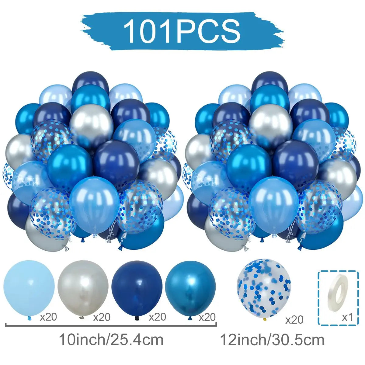A kit of 101 balloons including 20 silver and 20 blue balloons, and 20 metallic pearl balloons, for party decor.