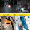 A set of cute ghost-shaped reflective keychains is shown in various scenarios including a suitcase and on a bicycle.