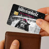 A hand holds a reusable credit card protection sticker featuring the text böhse onkelz on a black background.