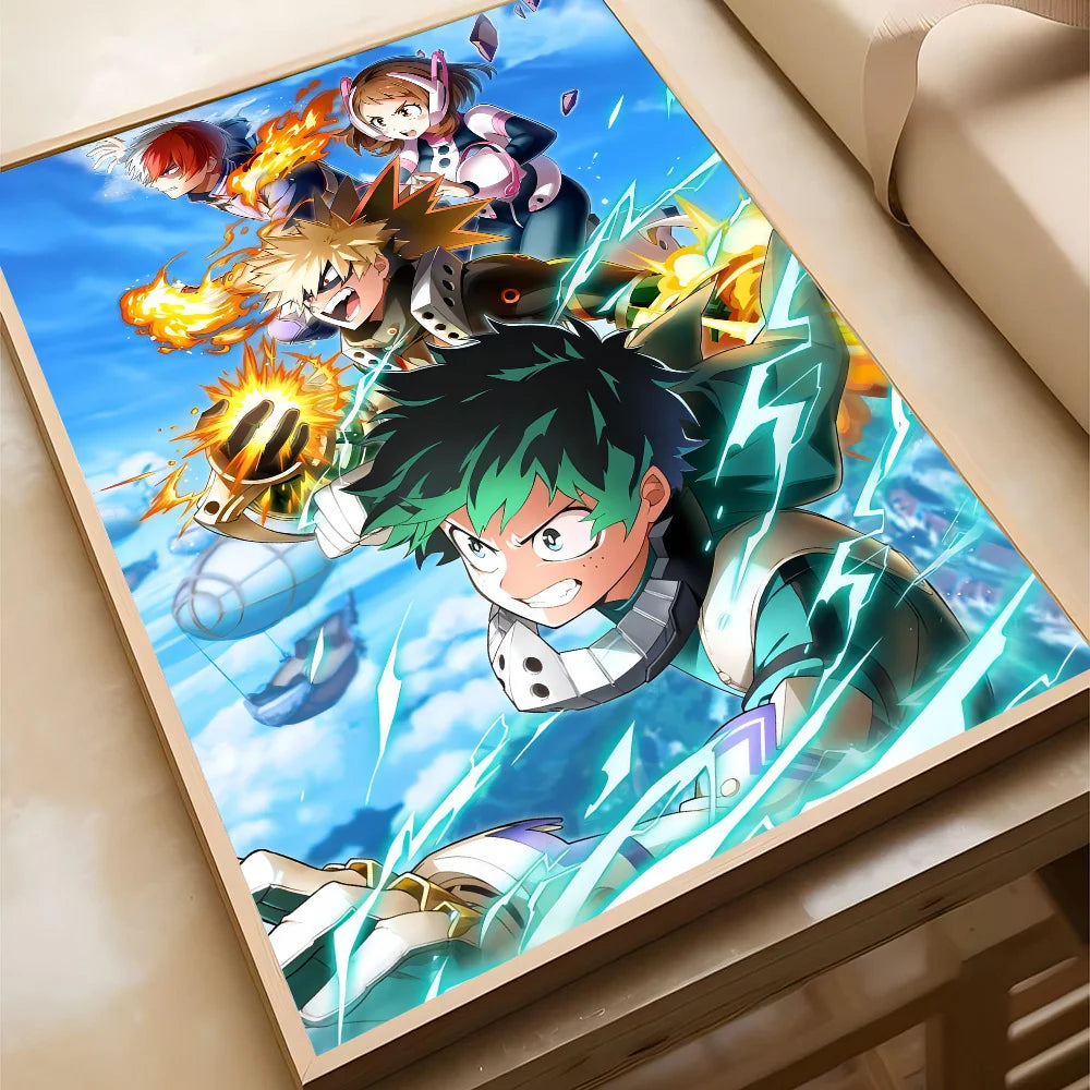 A dynamic anime poster featuring Deku and other heroes in action against a bright blue sky background.