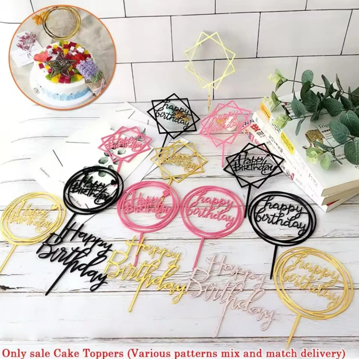 A collection of mirrored gold and pink acrylic cake toppers featuring various birthday designs
