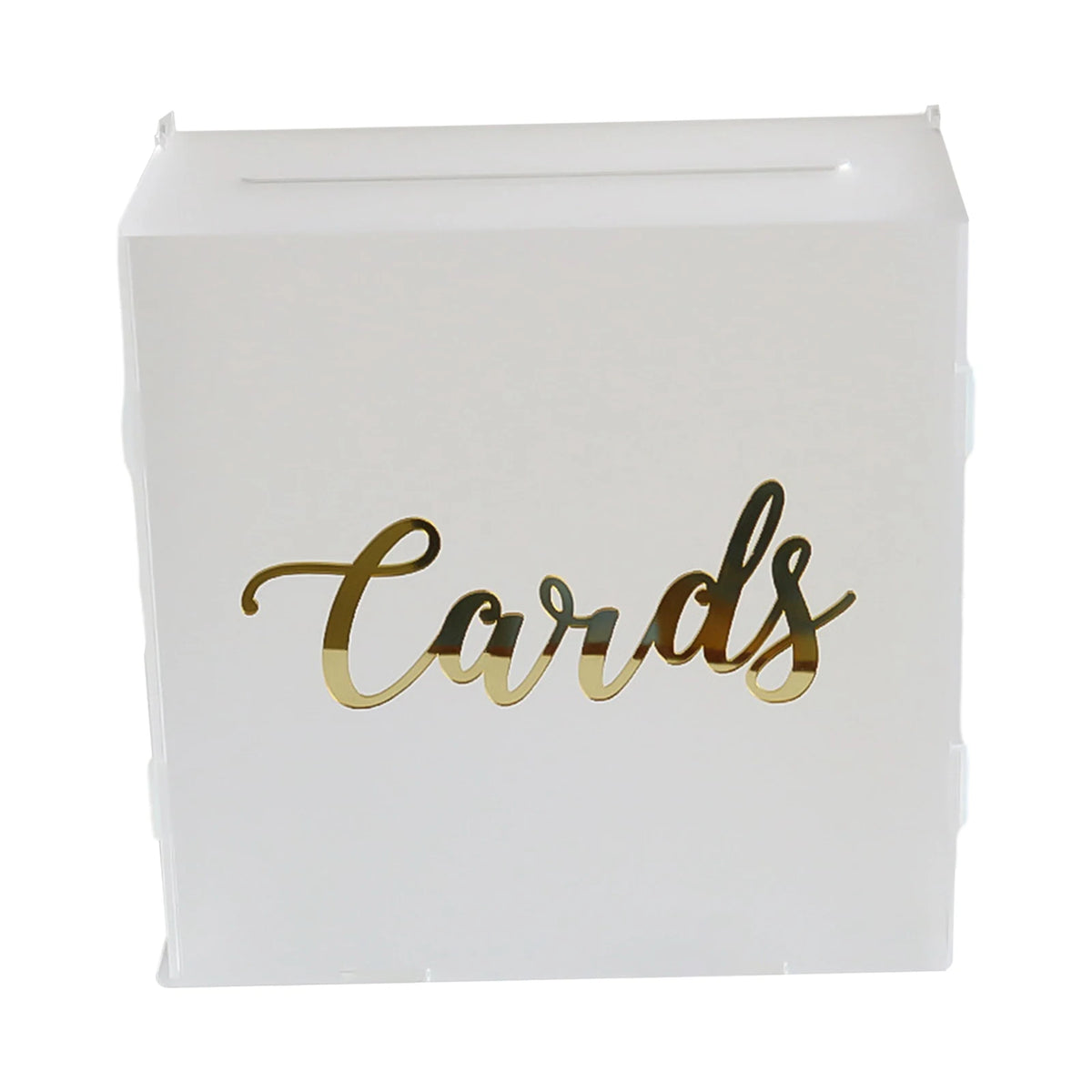 A clear acrylic gift box with the word Cards written in gold script on the front.