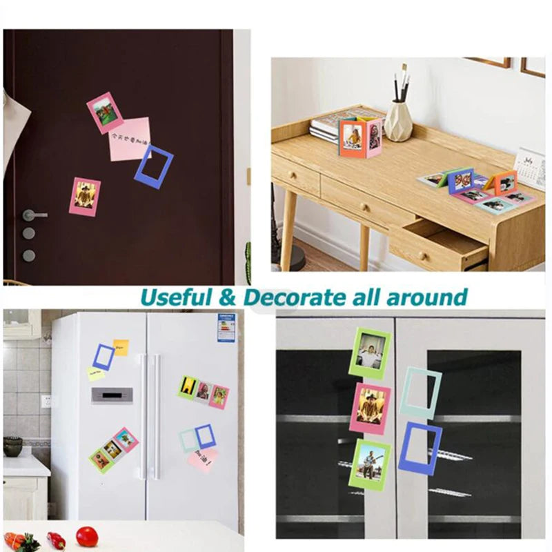 Magnetic mini photo frames for Instax and Polaroids displayed on a wooden table and refrigerator doors.