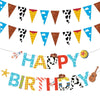 A decorative pennant banner featuring blue sky and cloud shapes for a birthday party.