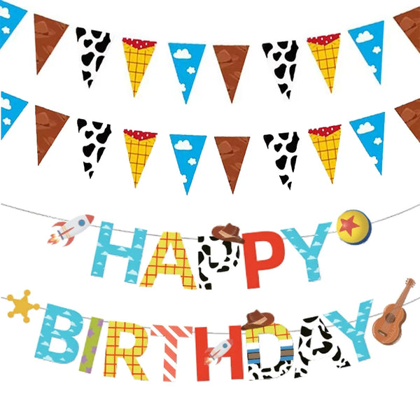 A decorative pennant banner featuring blue sky and cloud shapes for a birthday party.
