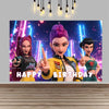 A vibrant digital backdrop featuring three stylized female characters with purple and pink hair against a sparkling blue back