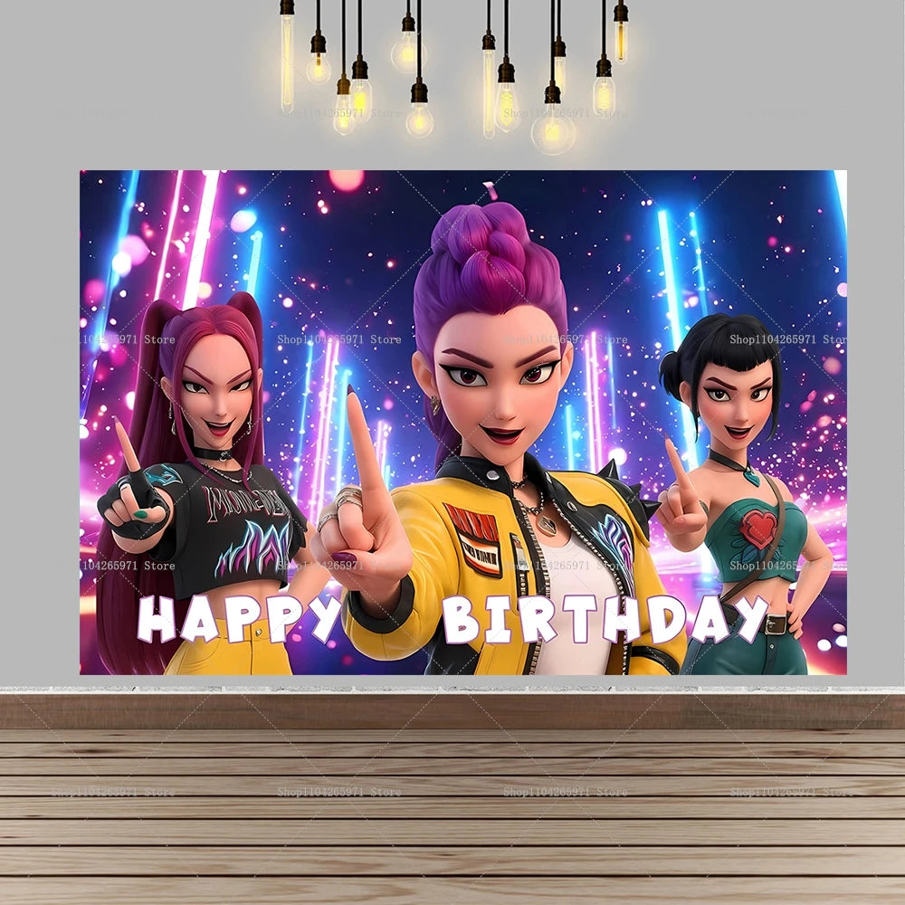 A vibrant digital backdrop featuring three stylized female characters with purple and pink hair against a sparkling blue back