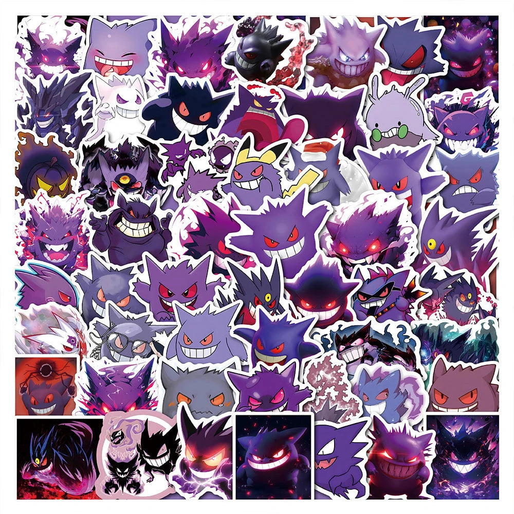A collection of various anime and cartoon character decals stickers in purple, black, and pink hues.