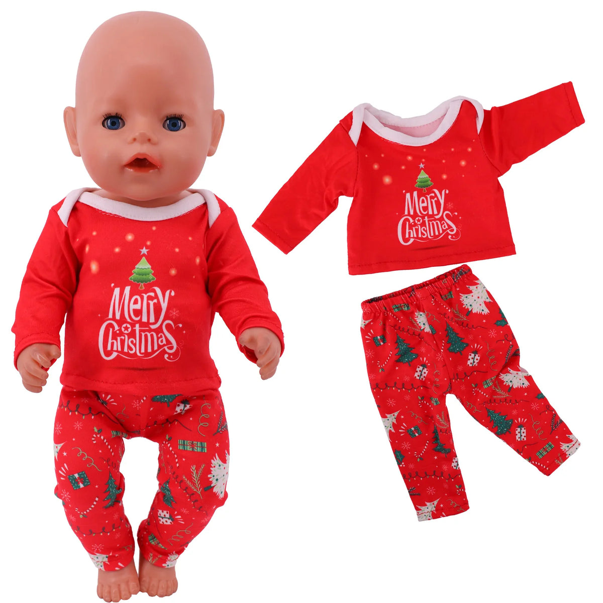 A red Christmas outfit set for dolls featuring a long-sleeved top and matching pants with festive designs.