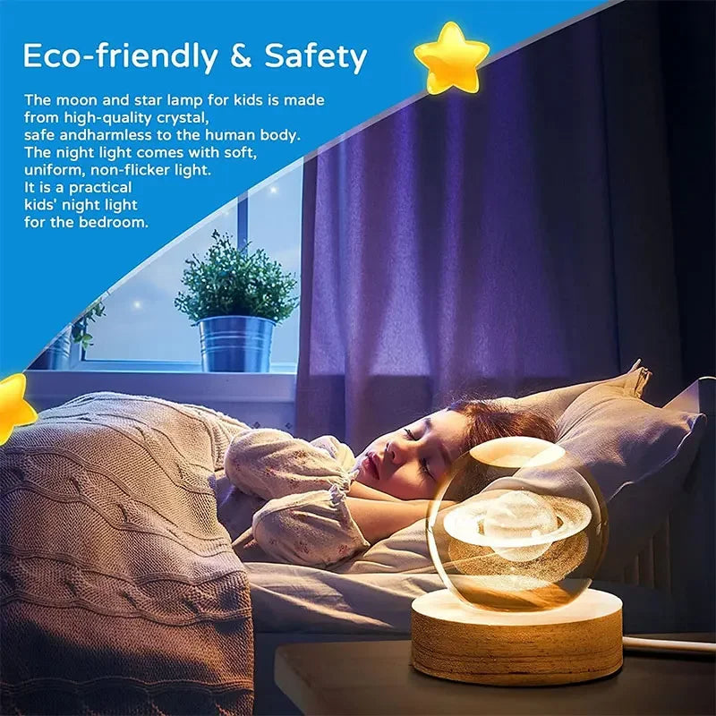 A moon and star lamp made of high-quality crystal illuminating a bedroom.