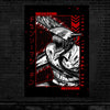 A poster featuring a stylized, aggressive character design with red accents and Japanese text on a black background.