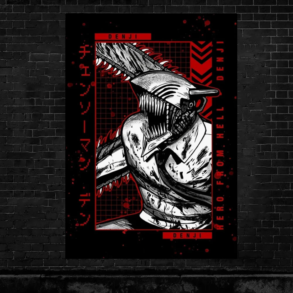 A poster featuring a stylized, aggressive character design with red accents and Japanese text on a black background.