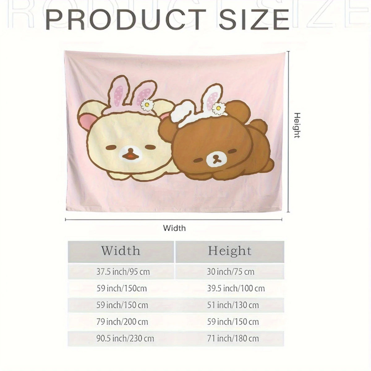 A pink tapestry featuring two cute cartoon bears with pink ears and white flowers.