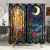 A shower curtain featuring a detailed night sky and moon design with colorful floral elements.