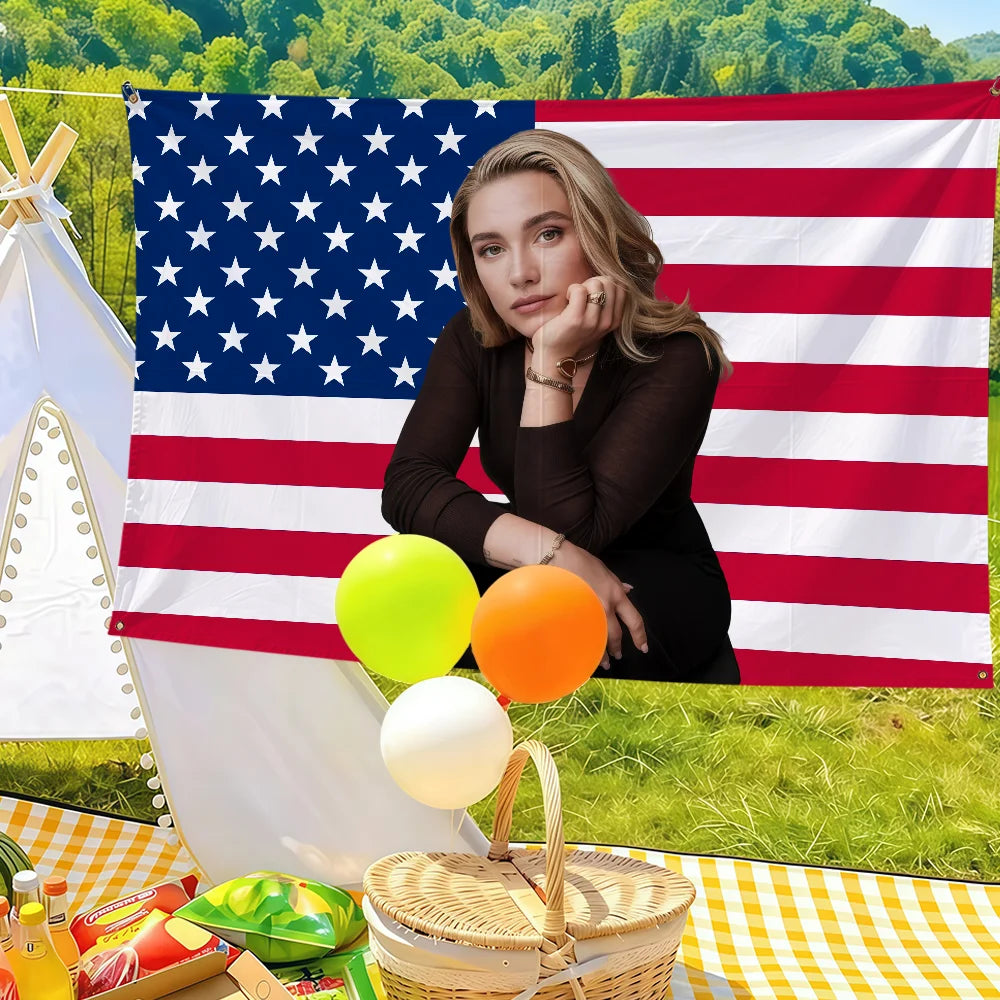 A decorative flag banner featuring the American flag design with Florence Pugh themed elements and colorful balloons.