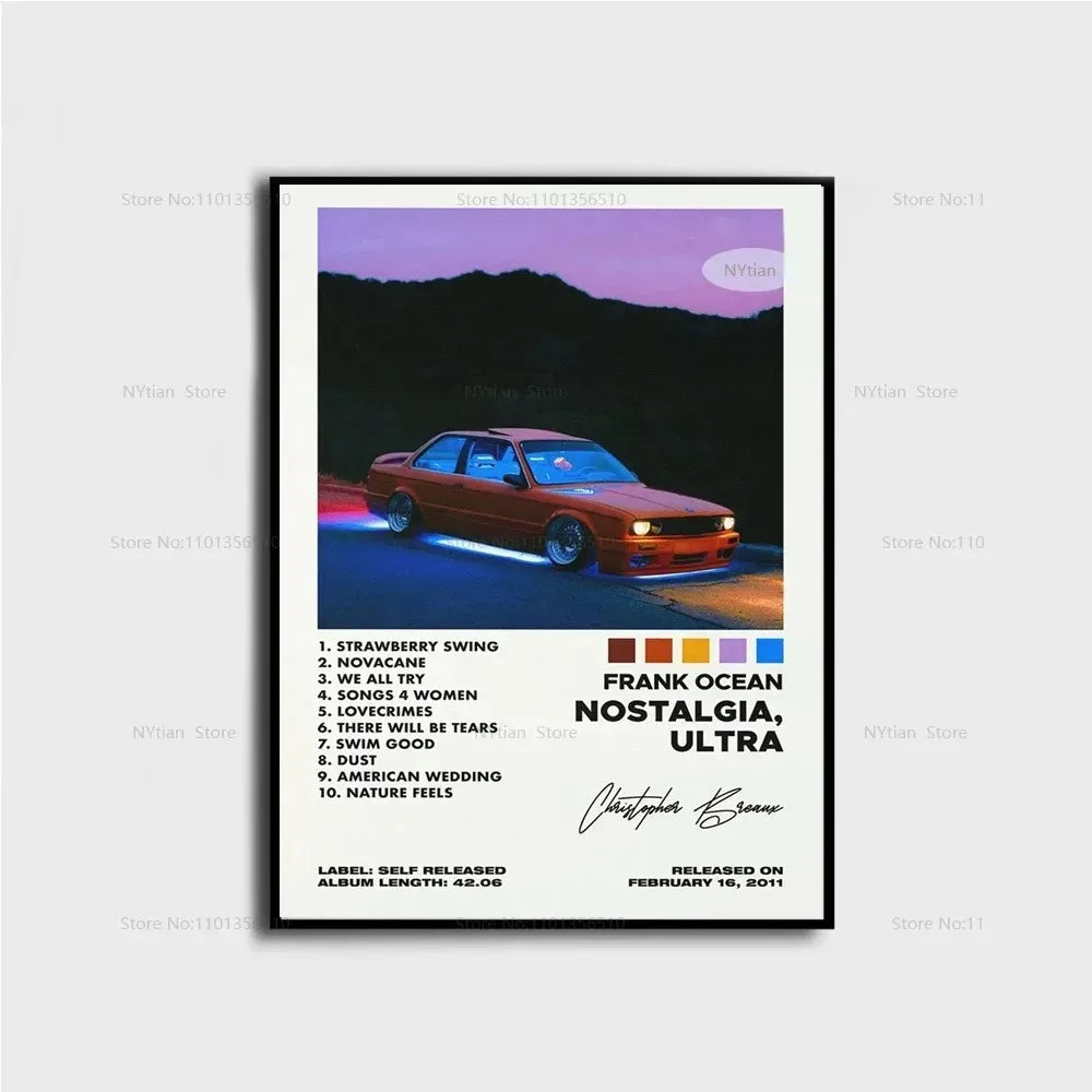 A canvas print featuring a dark landscape and text for the Frank Ocean album Nostalgia, Ultra