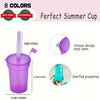 A purple reusable summer cup with a silicone straw and lid, showing its size and features.