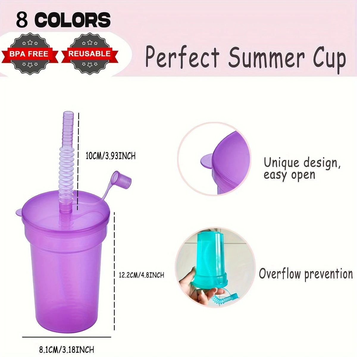 A purple reusable summer cup with a silicone straw and lid, showing its size and features.