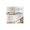 A grid display of various sized square and rectangular framed art pieces on a white wall.