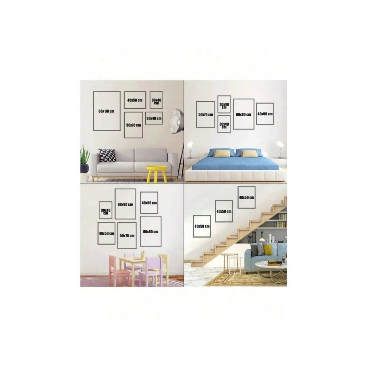 A grid display of various sized square canvas wall art prints featuring football star themes and geometric designs.