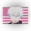 Anime character with spiky white hair looking intensely against a pink and white American flag background