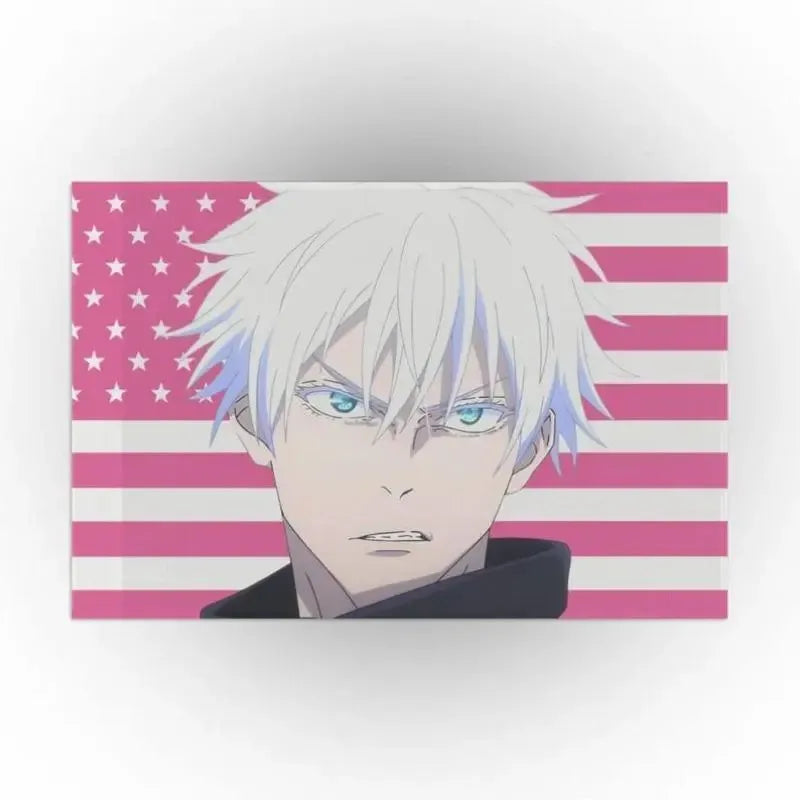 Anime character with spiky white hair looking intensely against a pink and white American flag background