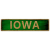 A rectangular green metal tin sign with the word IOWA written in gold letters.