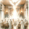 A painting depicting Jesus with wings radiating light in a grand architectural setting.