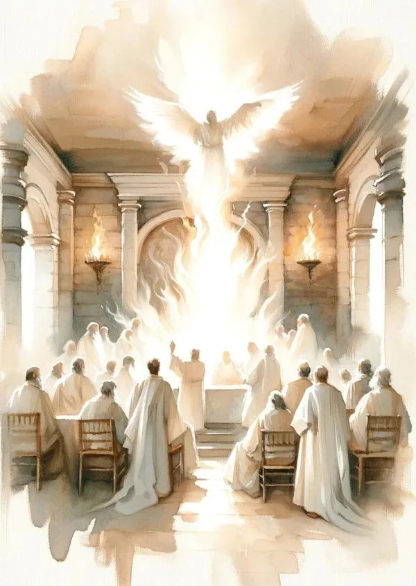 A painting depicting Jesus with wings radiating light in a grand architectural setting.