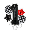 A collection of black and white checkered, red, and black balloons shaped like the number one and a star for party decoration