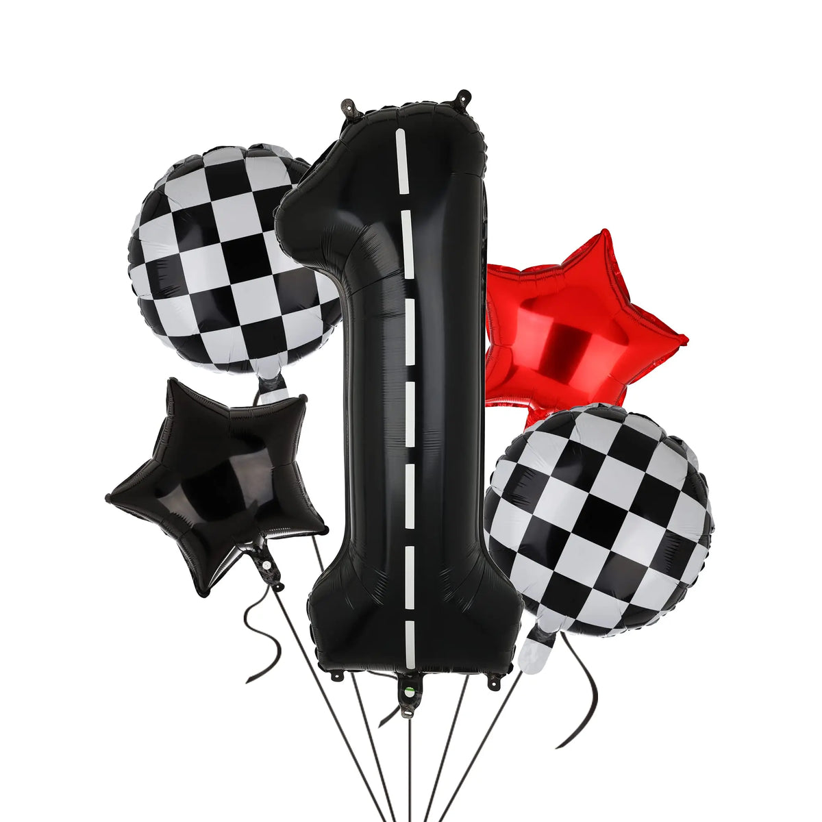 A collection of black and white checkered, red, and black balloons shaped like the number one and a star for party decoration
