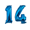 Two shiny blue foil number balloons, 1 and 4, for birthday party decor.