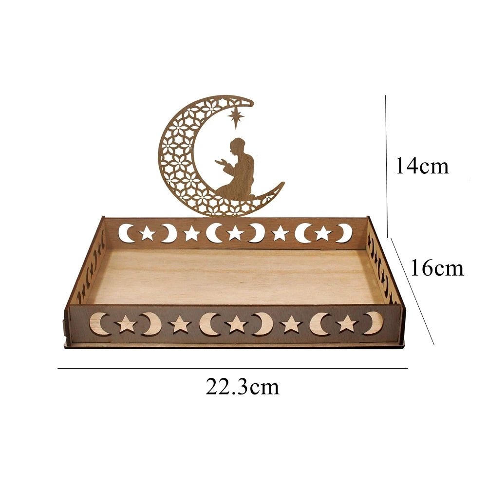Bandeja de servicio de Eid Mubarak de madera con silueta de luna creciente y estrella