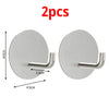 Two round stainless steel self-adhesive wall hooks with a silver finish and a curved mounting arm.