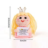Handmade crochet yellow potato doll with a crown and an inspirational slogan pocket