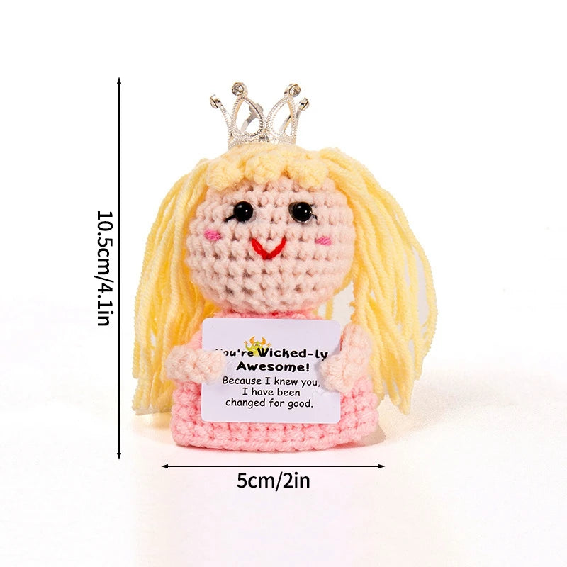 Handmade crochet yellow potato doll with a crown and an inspirational slogan pocket