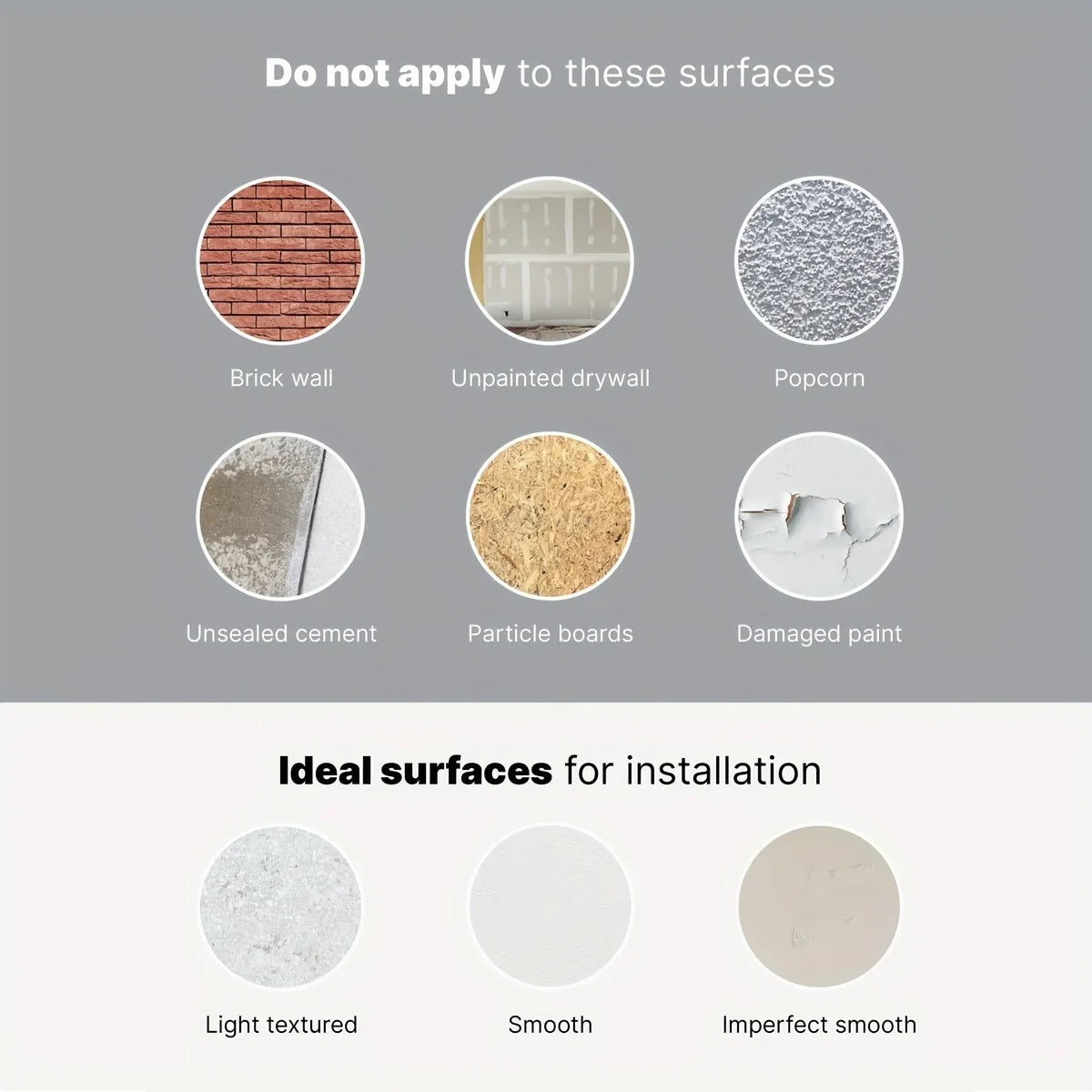 Image showing surfaces to avoid and ideal surfaces for installation of marble pattern 3D effect waterproof tile stickers