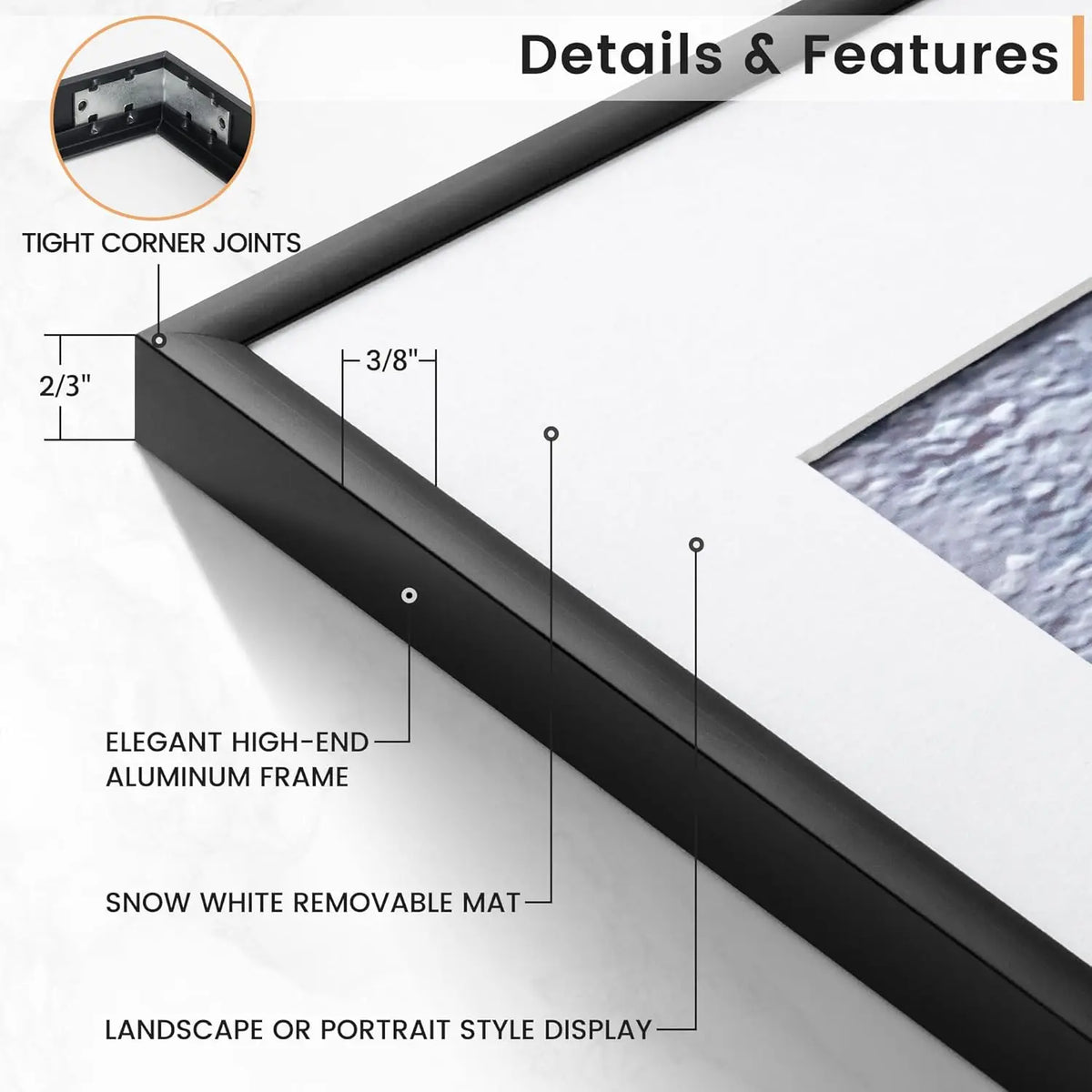 A close-up view of a black aluminum frame for a landscape or portrait style display, showing features like tight corner joint