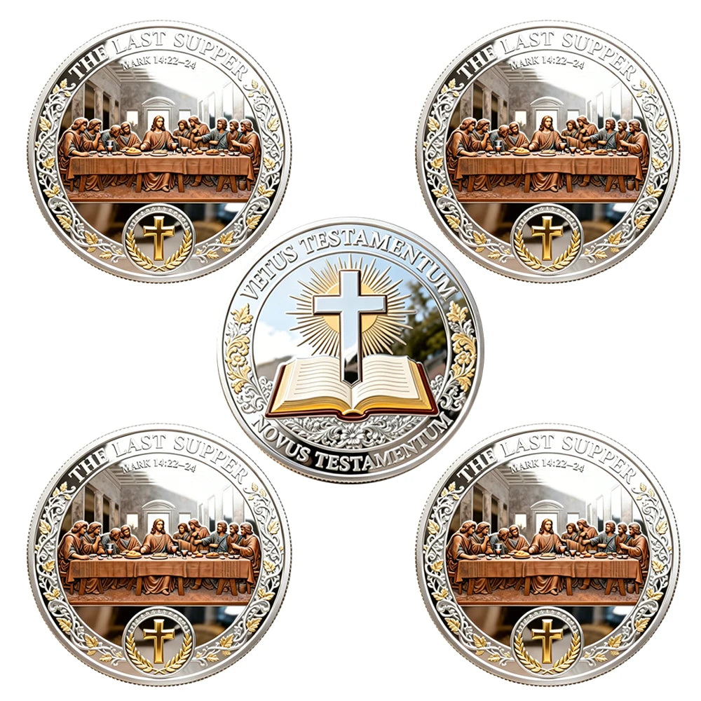 A set of commemorative coins featuring scenes from the Last Supper and a cross design.