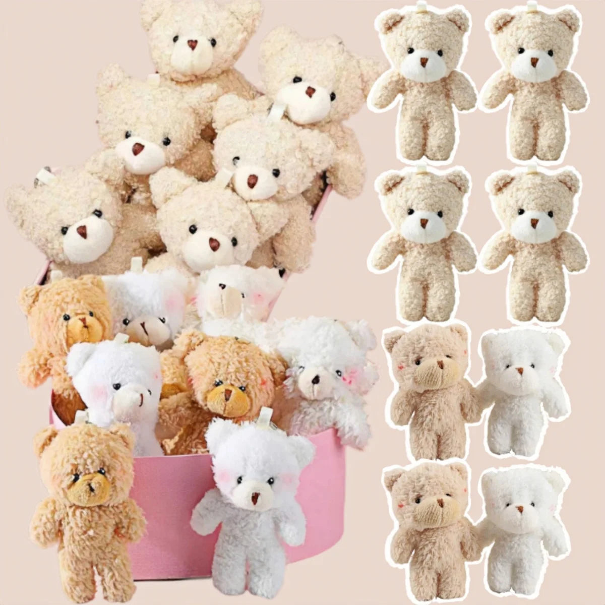 A collection of mini plush teddy bears in various shades of beige and white.