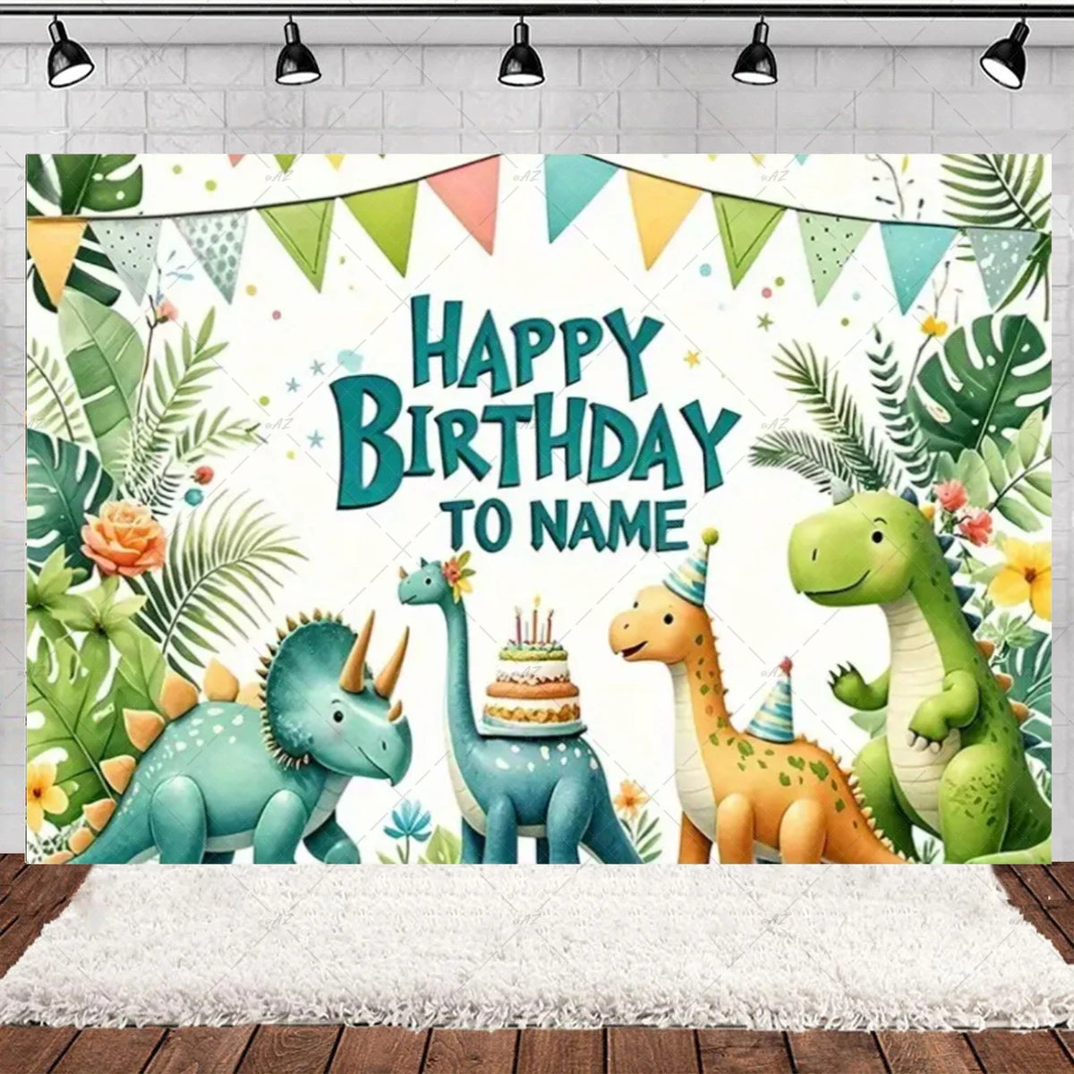 A colorful dinosaur birthday party backdrop featuring various dinosaurs, greenery, and bunting for a Jurassic woodland theme.