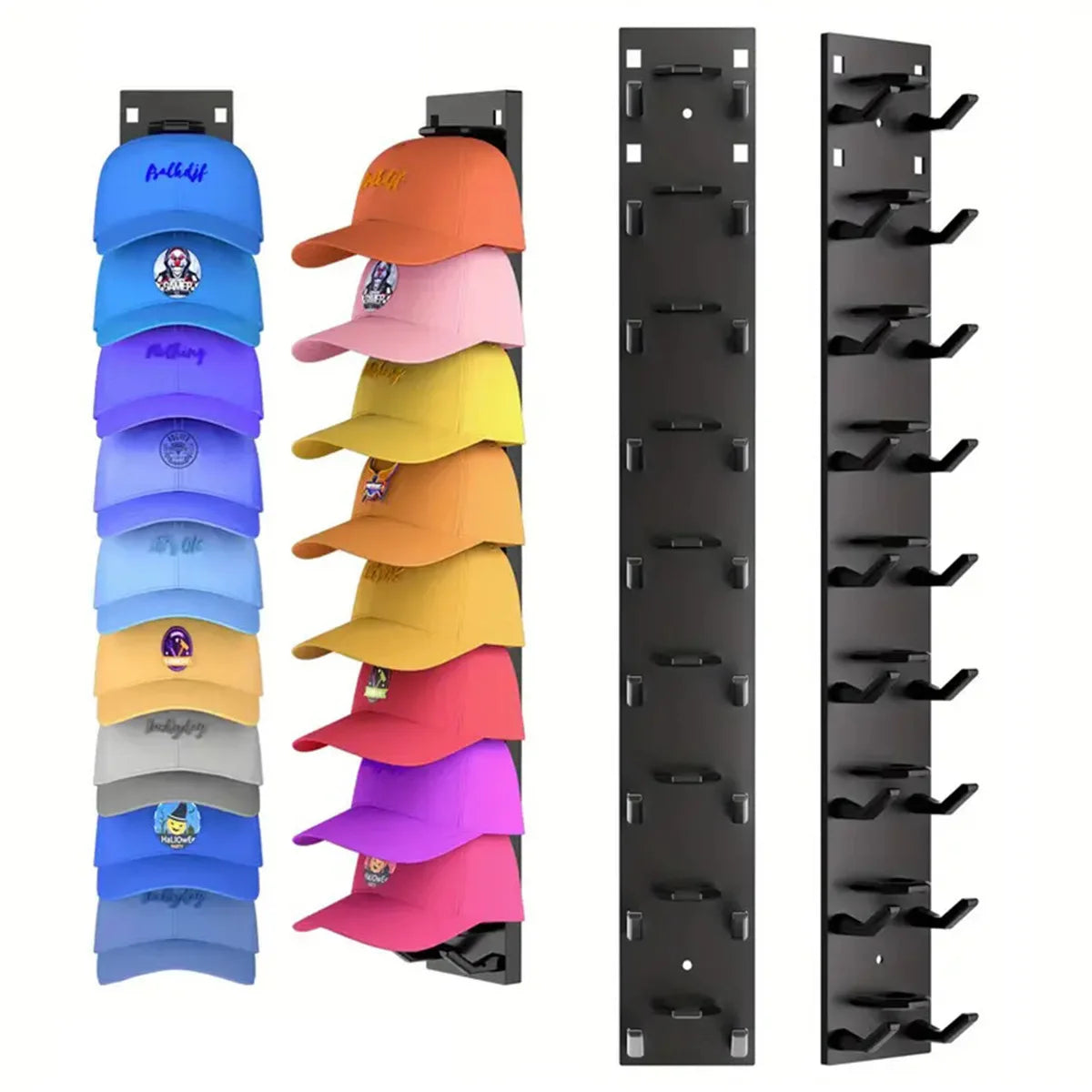 Un ensemble de porte-manteaux muraux de différentes couleurs (bleu, orange, rose et gris) pour le rangement des placards.