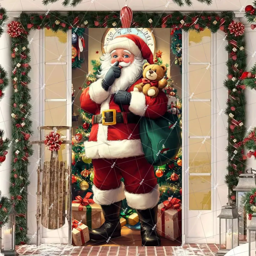 Christmas Santa and Elk Door Cover Banner featuring a jolly Santa in a red suit with a teddy bear.