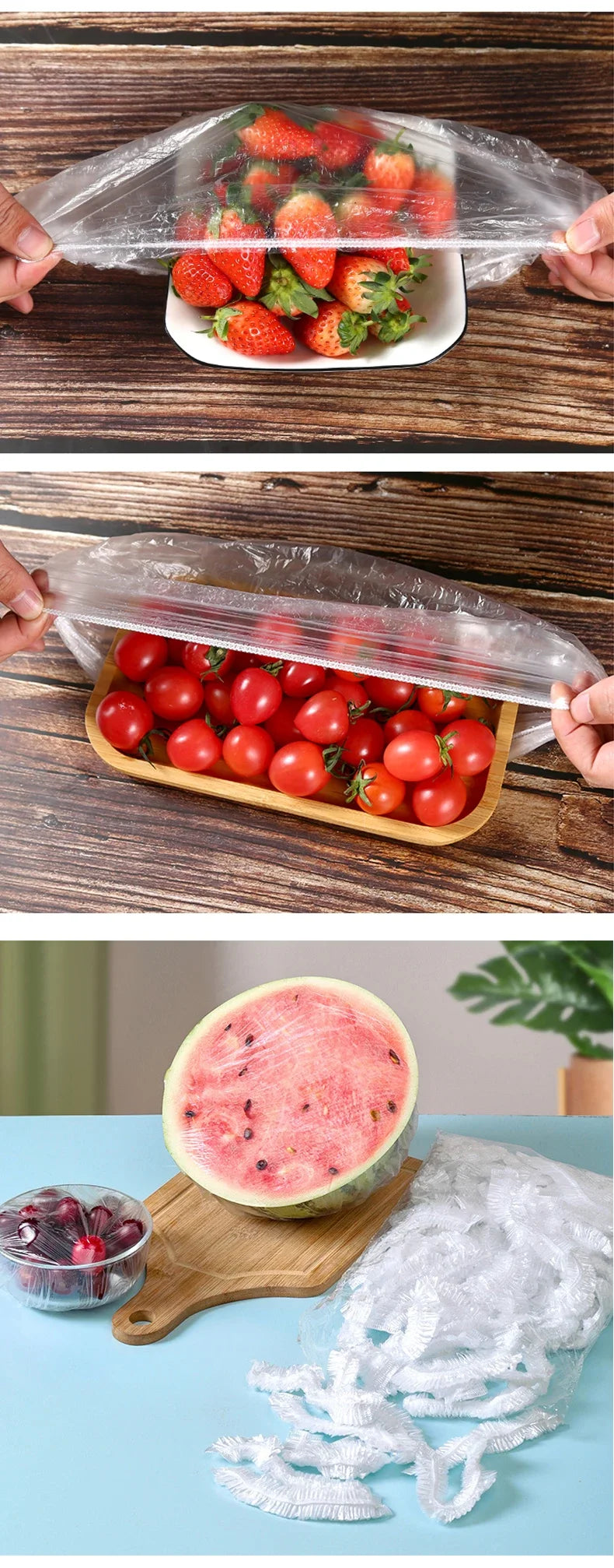 Reusable plastic food wrap covers with elastic edges shown being used to wrap fresh strawberries and tomatoes.