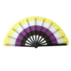 A colorful folding hand fan with stripes of yellow, white, and purple.