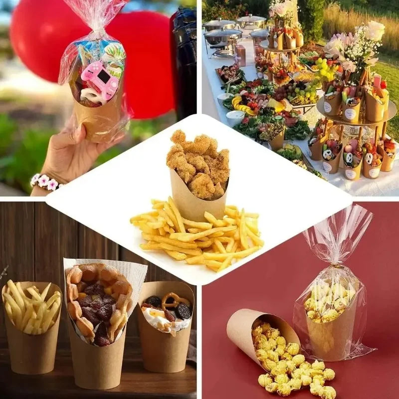A collection of disposable kraft paper cups filled with french fries and other snacks.