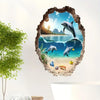 A mural of dolphins swimming in blue water framed by a broken, textured wall effect.