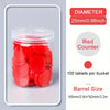 A clear plastic bucket filled with 100 red counting tablets for educational learning.