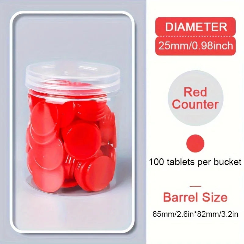 A clear plastic bucket filled with 100 red counting tablets for educational learning.